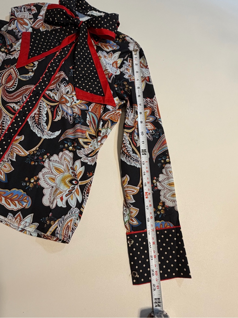VINTAGE 80s bow blouse polka dot floral flower mix print tie belt paisley bold - Picture 9 of 9